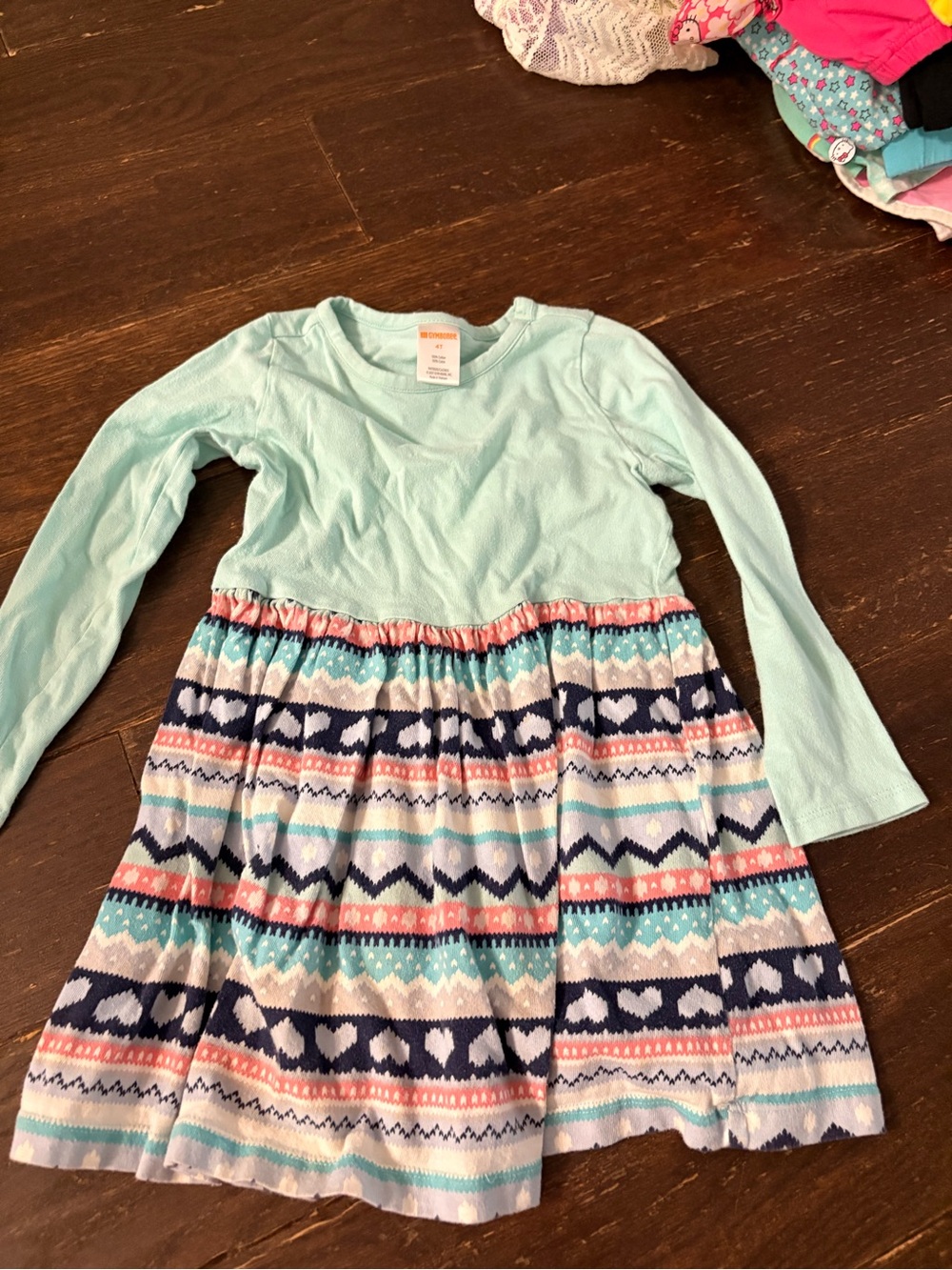 Gymboree Mint Long-Sleeve Knit Dress with Multi-Color Patterned Skirt